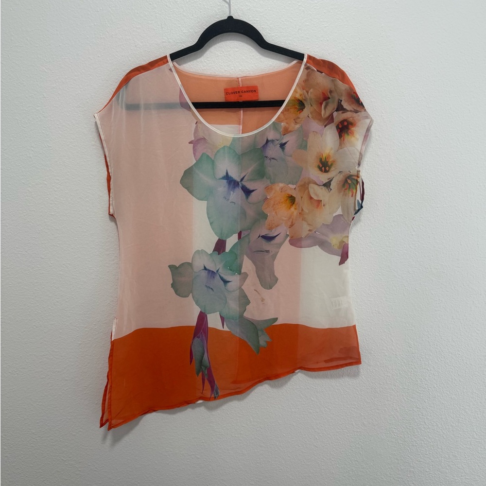 Clover Canyon Orange Floral Sheer Asymmetrical Blouse Size Medium